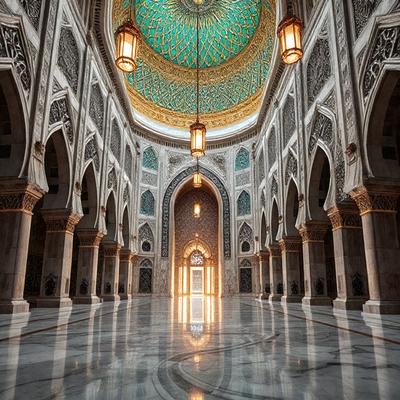 The primary subject of the image is a large, ornate cathedral with a high ceiling and a beautifully designed dome. The setting is a spacious, open area with a marble floor, and the visual style is a black and white photo. The colors and mood of the image are elegant and serene, with the cathedral's architecture and design creating a sense of awe and reverence.